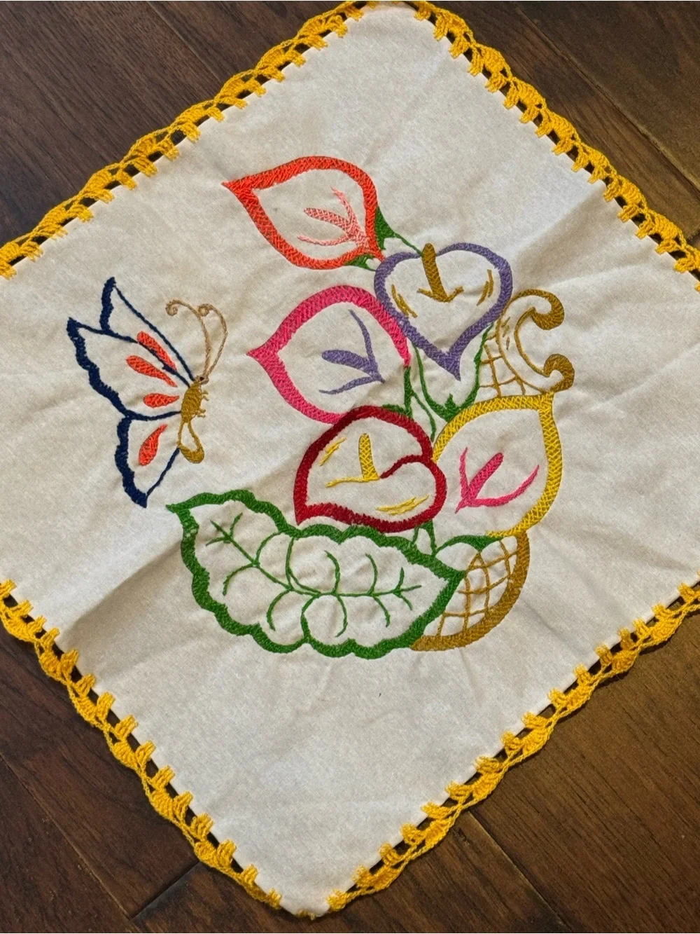 Embroidered Floral & Butterfly tortilla napkin / Doily with Yellow Crochet Edge